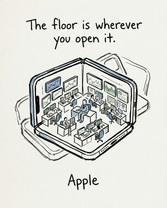 Marker sketch: Turn the opened iPhone Duo into a complete miniature trading floor, making its large, pocketable display feel like a workplace that travels.