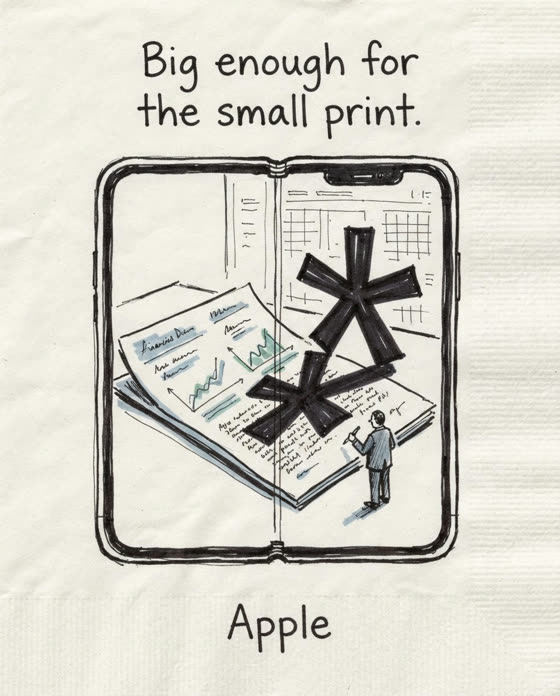 Marker sketch: Make a single contract asterisk loom monumentally on the largest iPhone display, turning screen size into due-diligence power.