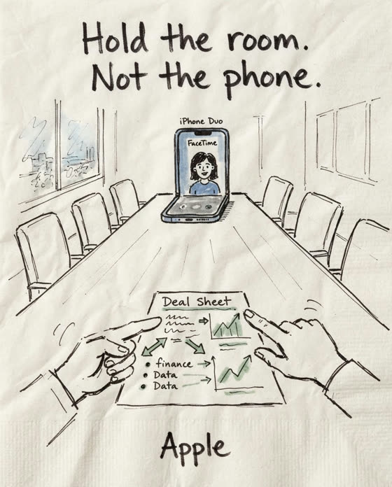 Marker sketch: Place a self-standing iPhone Duo at the head of a boardroom table while the presenter's free hands command the discussion.