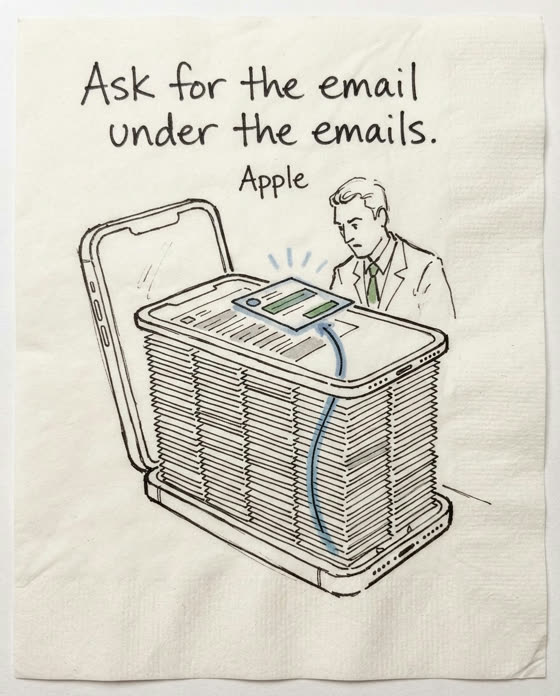 Marker sketch: Show Siri AI excavating one decisive old email from layers of inbox sediment on iPhone Duo's larger canvas.